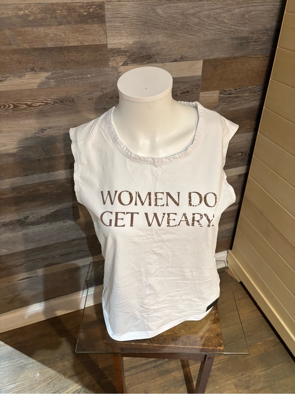 Women's White Graphic Muscle Tee - "Women Do Get Weary"